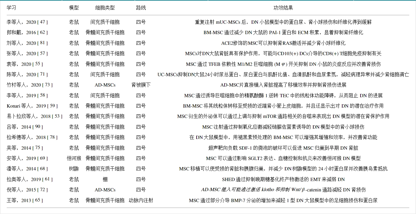 表格1：臨床前研究中基于間充質(zhì)干細胞的療法治療糖尿病腎病的代表性研究。