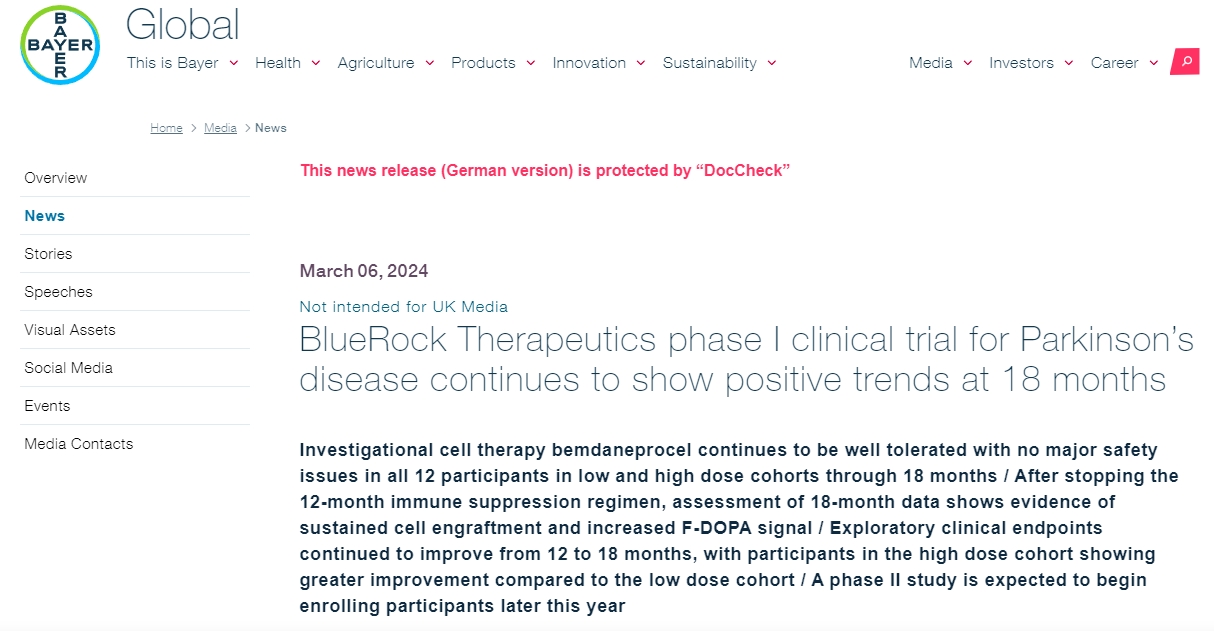 BlueRock Therapeutics 帕金森病第一階段臨床試驗在 18 個(gè)月內繼續呈現積極趨勢