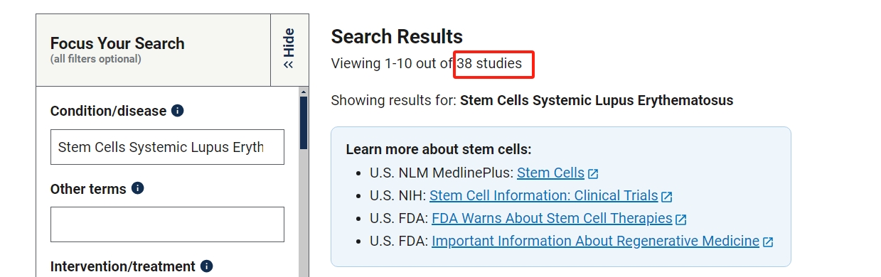 clinicaltrials.gov網(wǎng)站上注冊的有關(guān)干細胞治療系統性紅斑狼瘡的臨床研究項目有38項。其中已完成的有10項。