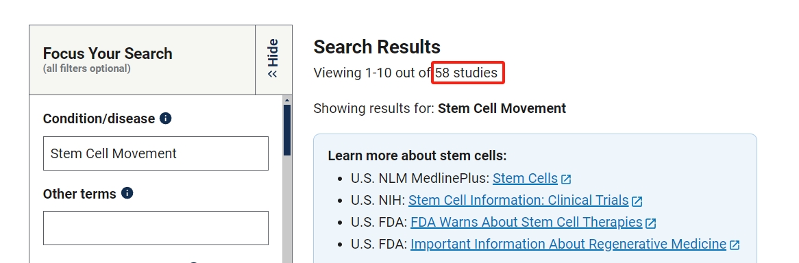 clinicaltrials.gov網(wǎng)站上注冊的有關(guān)干細胞治療運動(dòng)損傷的臨床研究項目有58項