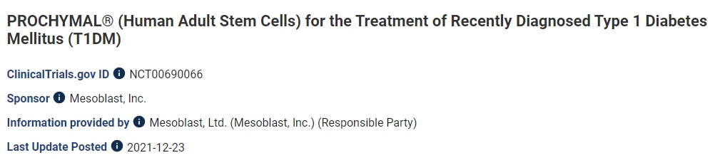 PROCHYMAL@（人類(lèi)成體干細胞）用于治療新近診斷的 1 型糖尿?。═1DM）