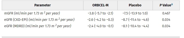 圖4：接受 ORBCEL-M 或安慰劑治療的參與者從基線(xiàn)到 18 個(gè)月隨訪(fǎng)的腎功能年下降率