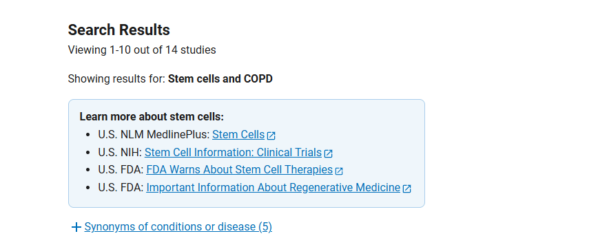 clinicaltrials.gov網(wǎng)站上注冊的有關(guān)干細胞治療慢阻肺的臨床研究項目有14項