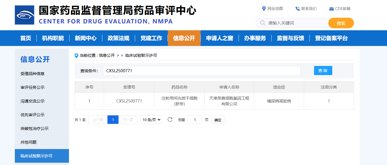 天津昂賽細胞基因工程有限公司申報的注射用間充質(zhì)干細胞(臍帶)治療糖尿病腎臟病的適應癥 天津昂賽細胞基因工程有限公司申報的注射用間充質(zhì)干細胞(臍帶)治療糖尿病腎臟病的適應癥
