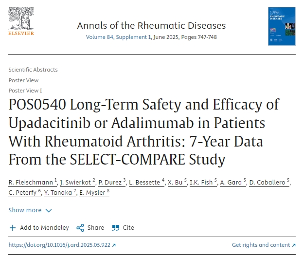 POS0540 Upadacitinib 或阿達木單抗對類(lèi)風(fēng)濕性關(guān)節炎患者的長(cháng)期安全性和有效性：來(lái)自SELECT-COMPARE研究的7年數據
